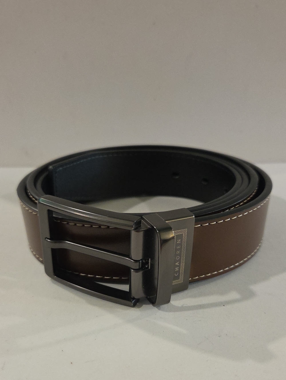 CHAOREN  Men's REVERSIBLE Brown/Black Leather Dress Belt with Gunmetal Buckle